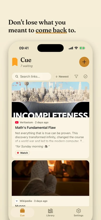 Cue's Queue: saved links with rich previews and tags