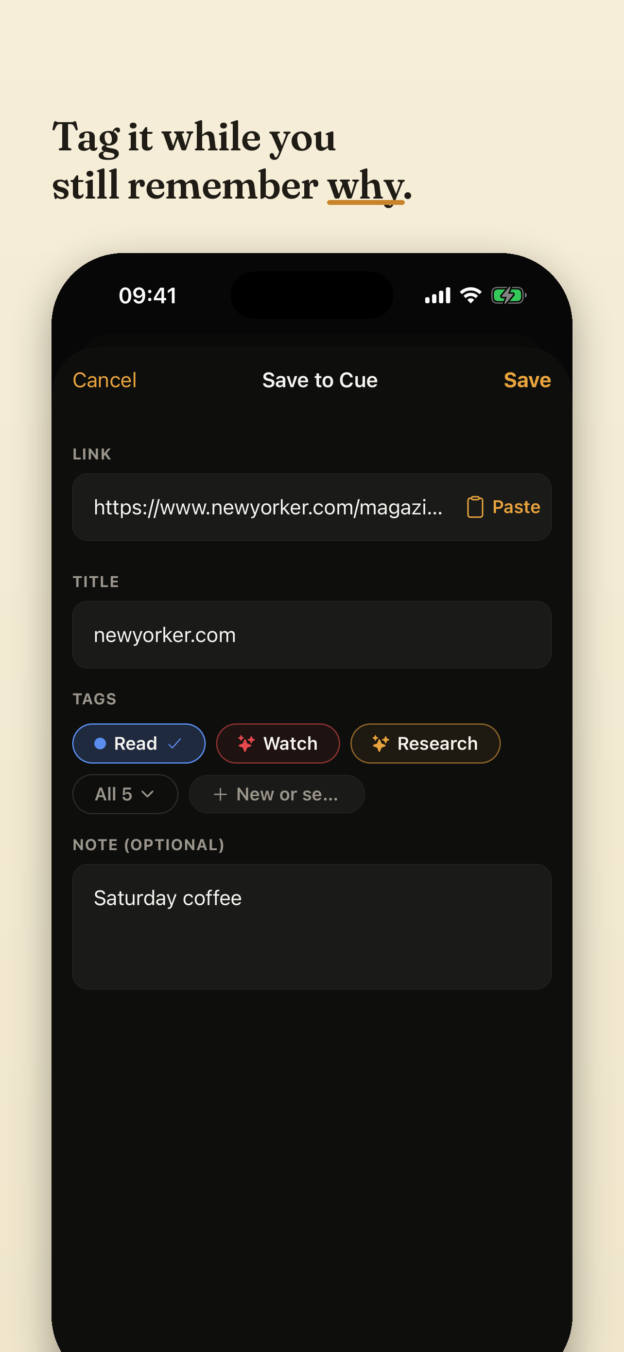 Cue's save sheet: a link being tagged while it's saved, with Read, Watch, and Research suggestions