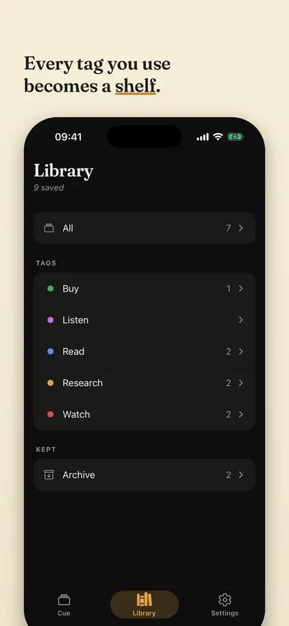 Cue's Library: saved links gathered on colored tag shelves, browsable by mood