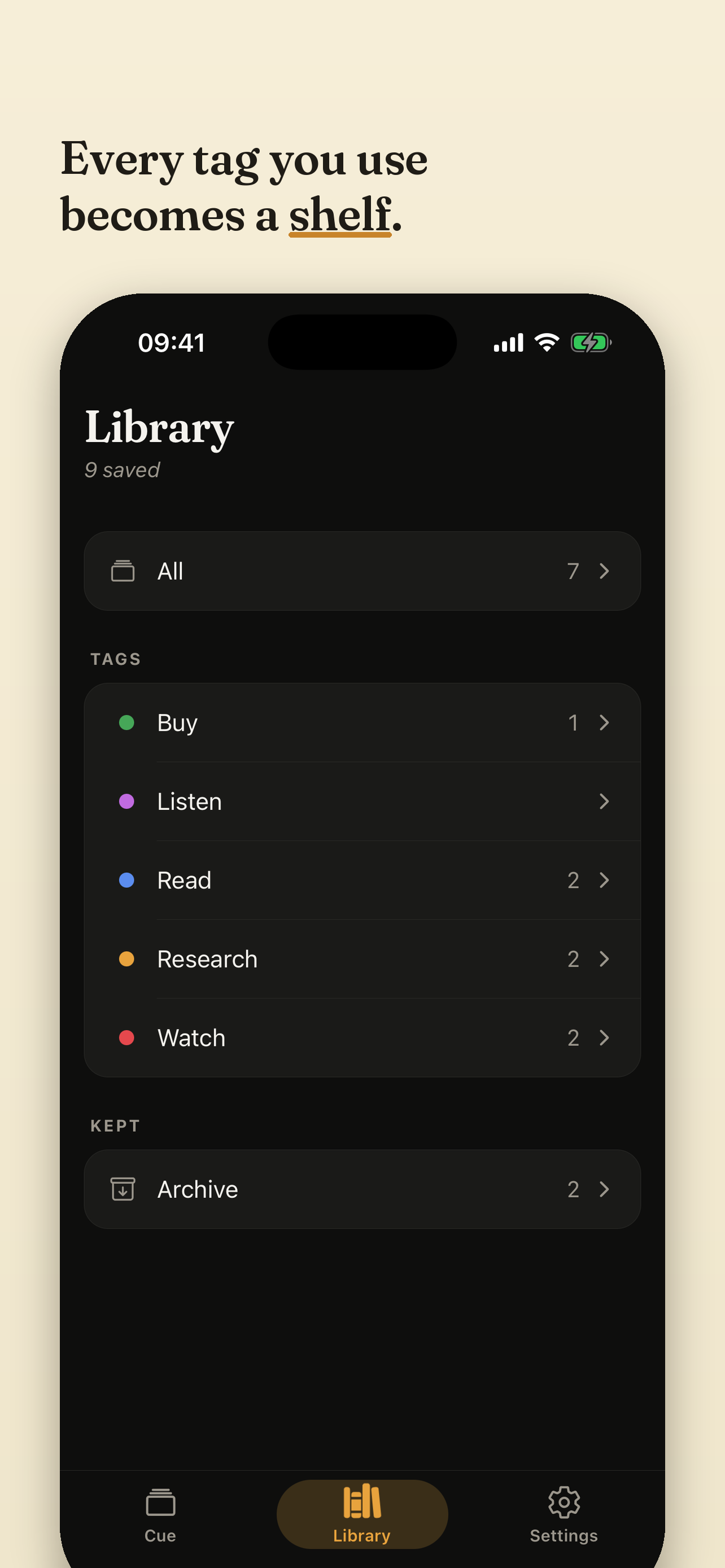 Cue's Library: saved links gathered on colored tag shelves, browsable by mood