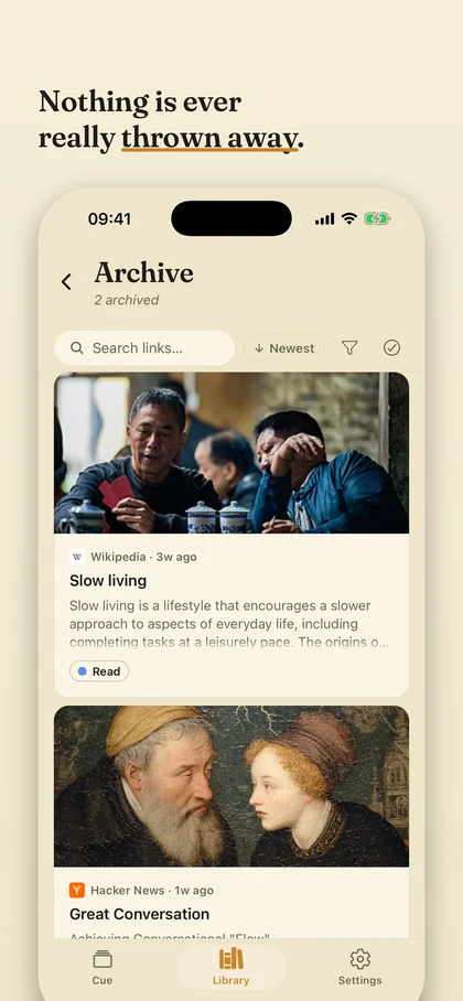 Cue's archive: finished links kept as rich preview cards