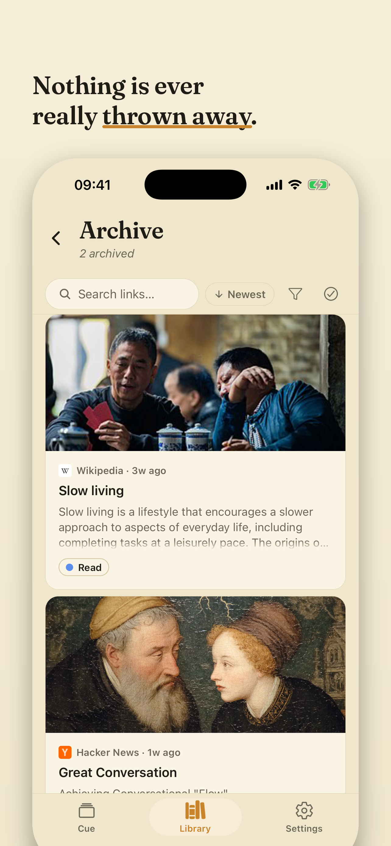 Cue's archive: finished links kept as rich preview cards