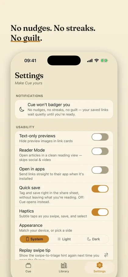 Cue's settings: a short, calm list with nothing clamoring to be configured