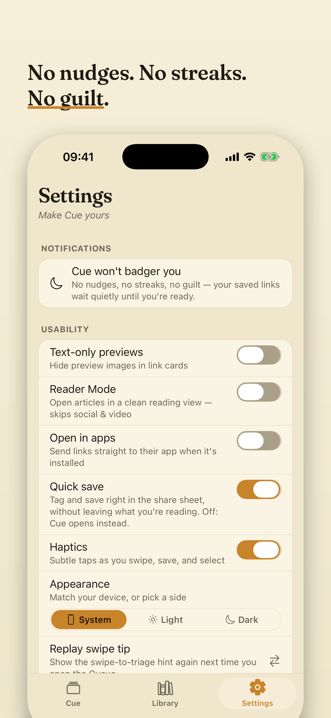 Cue's settings: a short, calm list with nothing clamoring to be configured